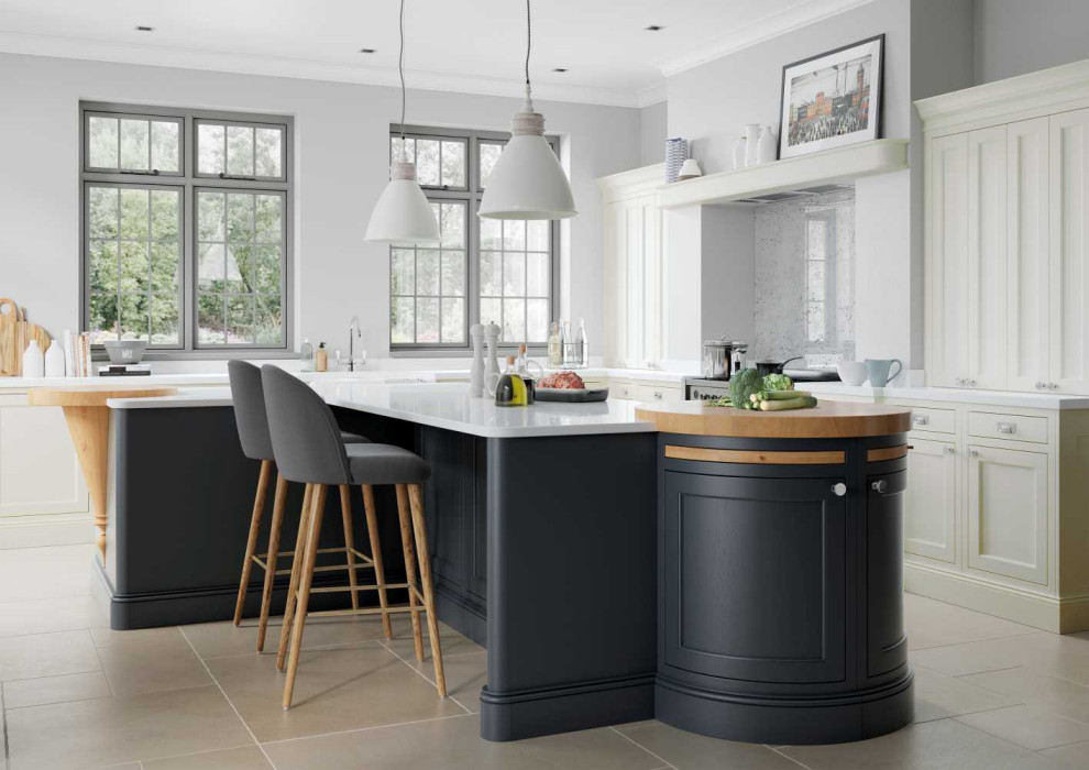 Design ideas for a large transitional l-shaped open plan kitchen in Other with a farmhouse sink, beaded inset cabinets, blue cabinets, quartzite benchtops, white splashback, coloured appliances, ceramic floors, multiple islands, beige floor and white benchtop.