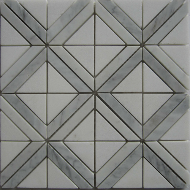Triangle With Strip Marble Mosaic Tile, Carrara White, Sample