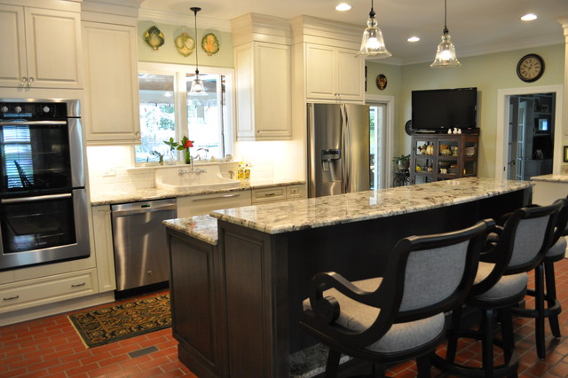 Brush Stroke Painted Kitchen With Red Brick Floor Kitchen