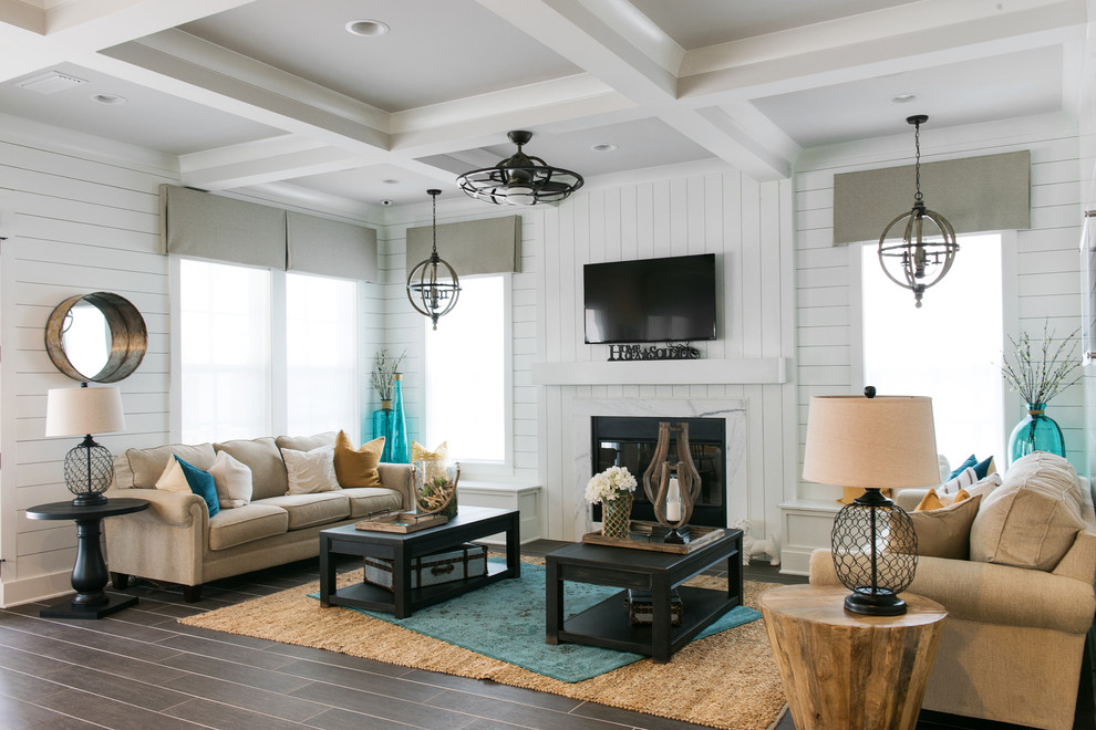 Mid-sized beach style open concept living room in Jacksonville with a home bar, white walls, ceramic floors, a standard fireplace and a wall-mounted tv.