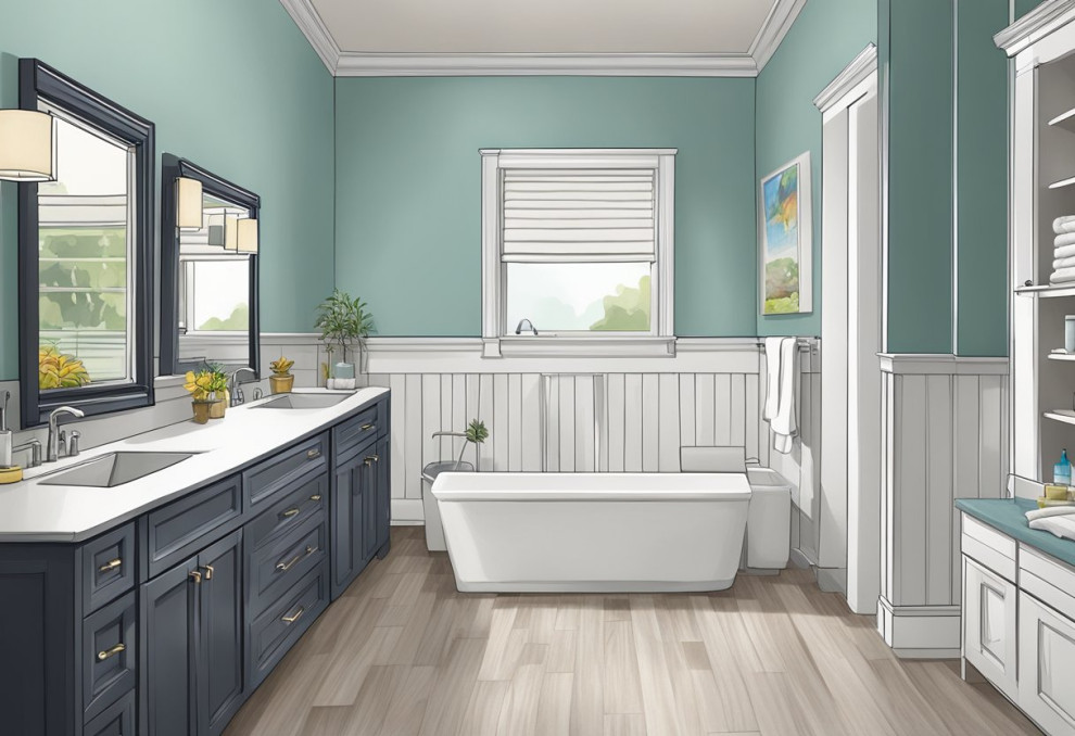 A modern bathroom with a bathtub in the center