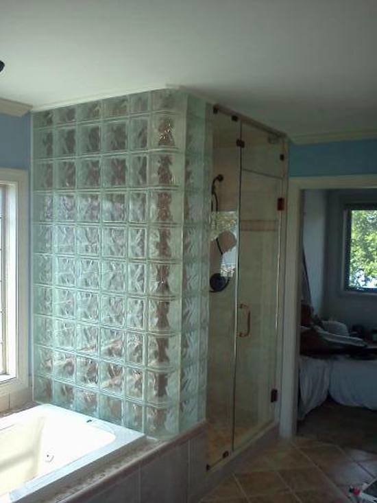 Drop-in bathtub - mid-sized master beige tile and stone tile ceramic tile drop-in bathtub idea with blue walls