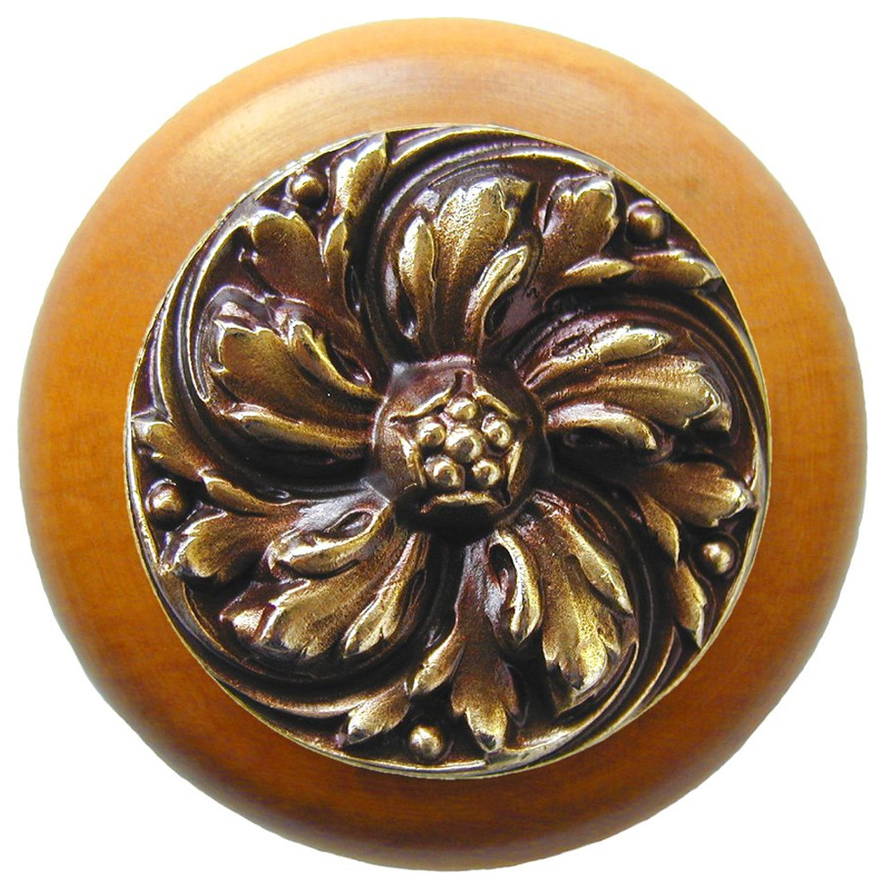Chrysanthemum Wood Knob Antique Brass Maple Wood Finish