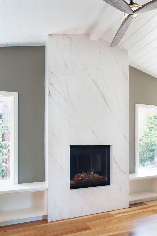 Example of a small transitional master medium tone wood floor bedroom design in San Francisco with gray walls, a standard fireplace and a stone fireplace