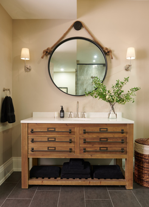 Rustic Charm: Medium-Wood Cabinetry and White Countertops - A French Bathroom Inspiration