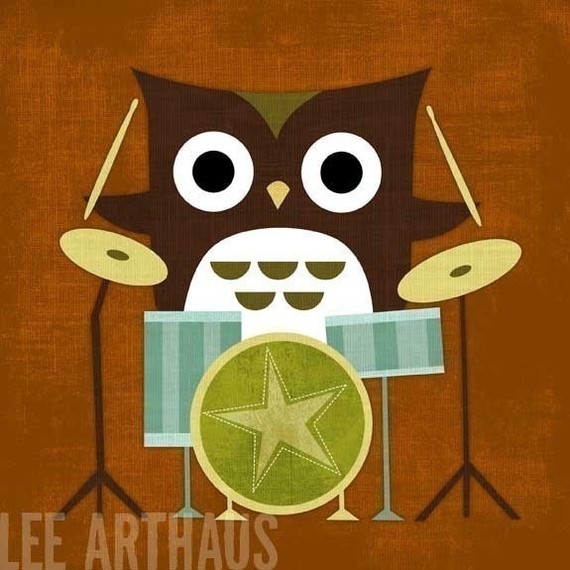 Retro Owl With Drums Print By Lee ArtHaus