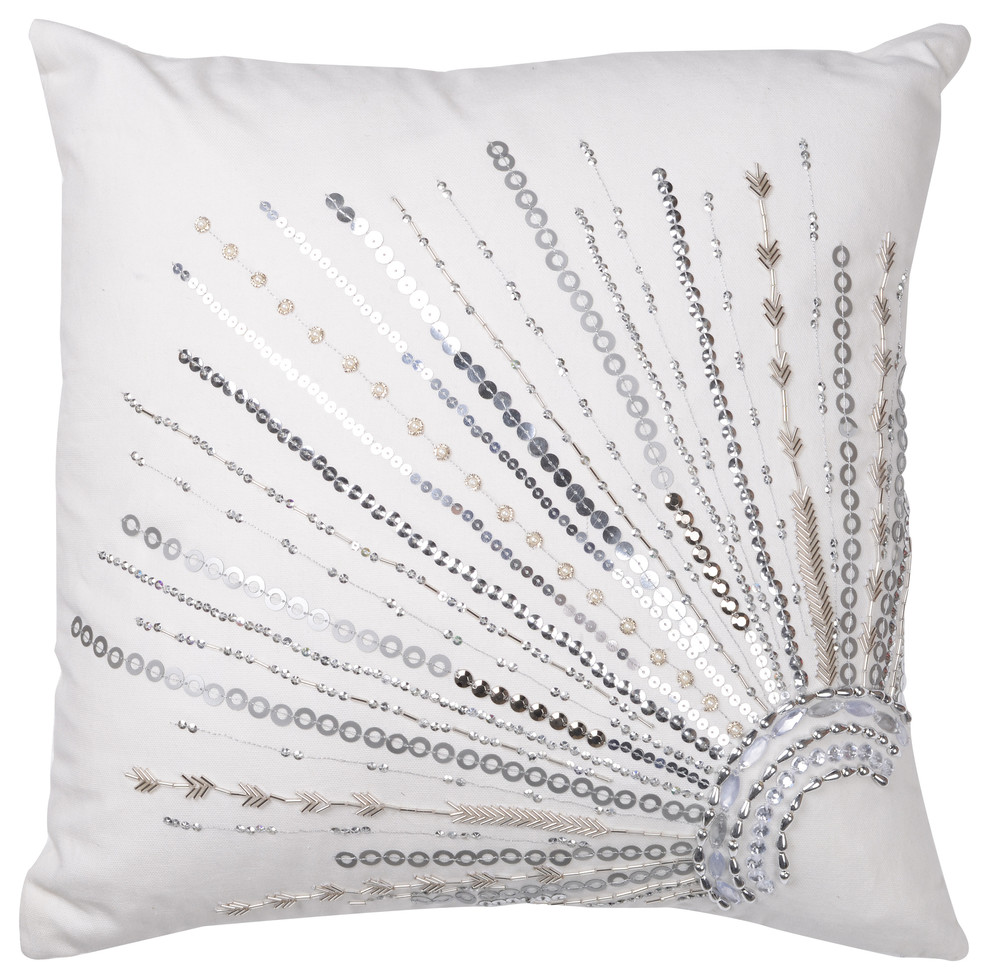 Nina Silver Beaded Pillow White, Feather Fill Contemporary