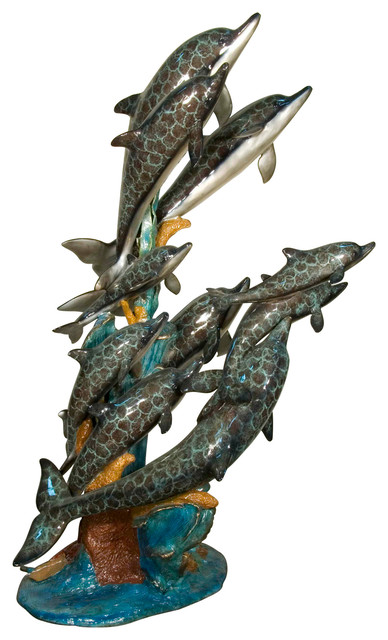 School of Cascading Dolphins Bronze Fountain Sculpture, Special Patina Finish