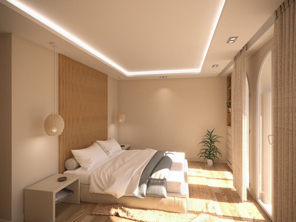This is an example of a medium sized mediterranean master bedroom in Nice with white walls, light hardwood flooring, beige floors, a drop ceiling and wood walls.