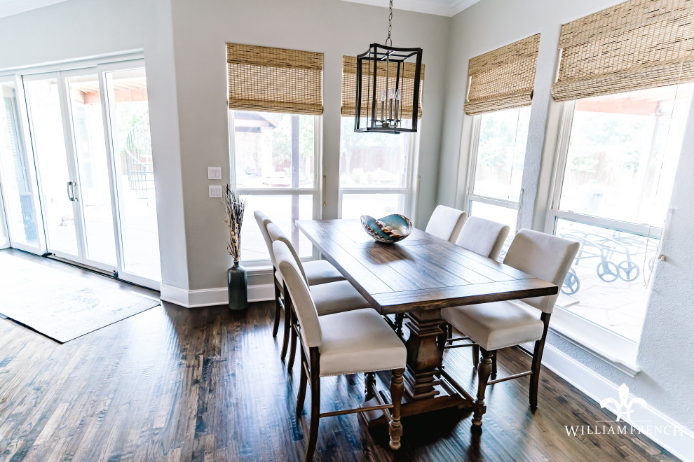 Photo of a mid-sized contemporary dining room in Dallas with grey walls, dark hardwood floors and brown floor.
