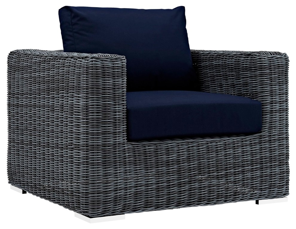Modern Contemporary Urban Outdoor Patio Balcony Lounge Chair, Navy Blue, Rattan - Tropical ...
