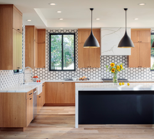 Modern wood Kitchen Cabinet Mississauga with black island and geometric tile backsplash