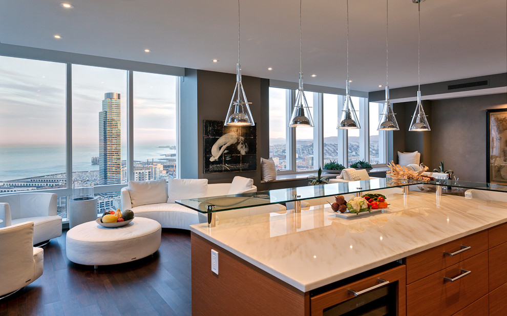 Inspiration for a contemporary kitchen in San Francisco with glass benchtops.