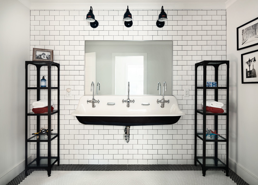 Transitional kids bathroom in New York with white tile, subway tile, white walls, mosaic tile floors and a trough sink.