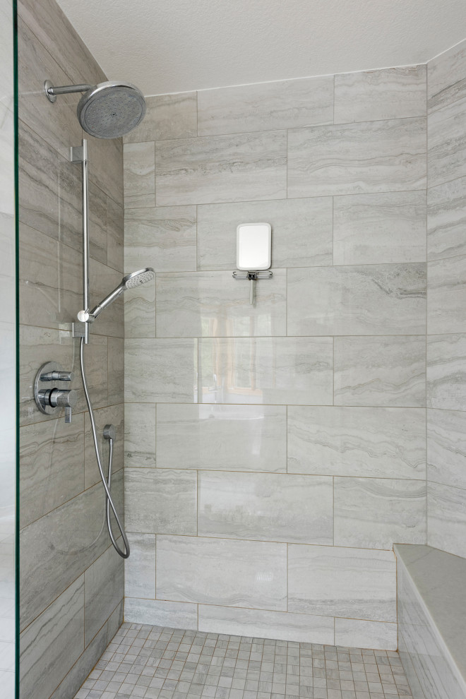 Inspiration for a contemporary master bathroom in Minneapolis with raised-panel cabinets, white cabinets, a freestanding tub, an open shower, ceramic floors, an undermount sink, quartzite benchtops, white floor and grey benchtops.
