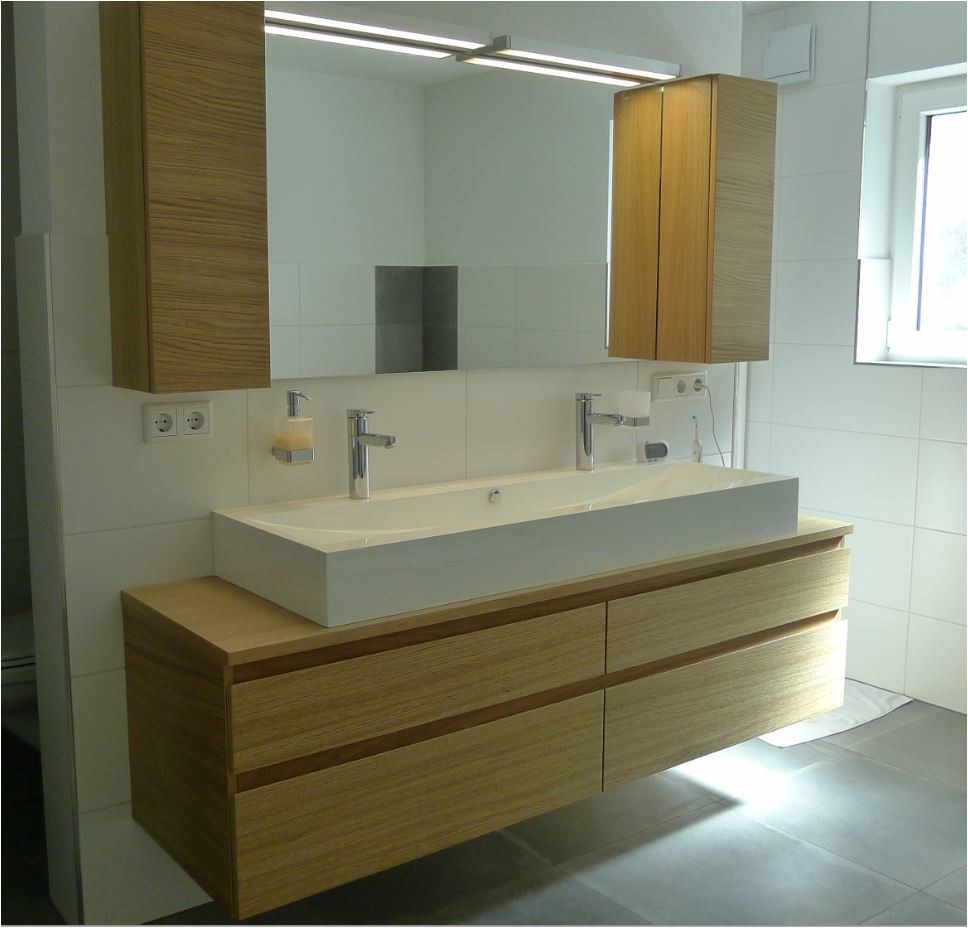 This is an example of a traditional 3/4 bathroom in Munich with brown cabinets, wood benchtops, flat-panel cabinets, an alcove shower, a wall-mount toilet, white tile, white walls, a vessel sink, an open shower and grey floor.