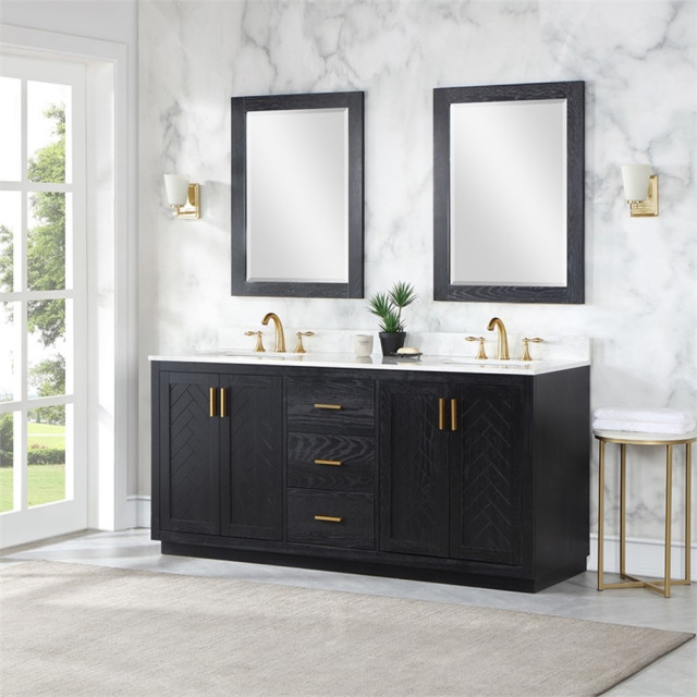 Gazsi 72" Double Bathroom Vanity Set in Black Oak with Mirror ...
