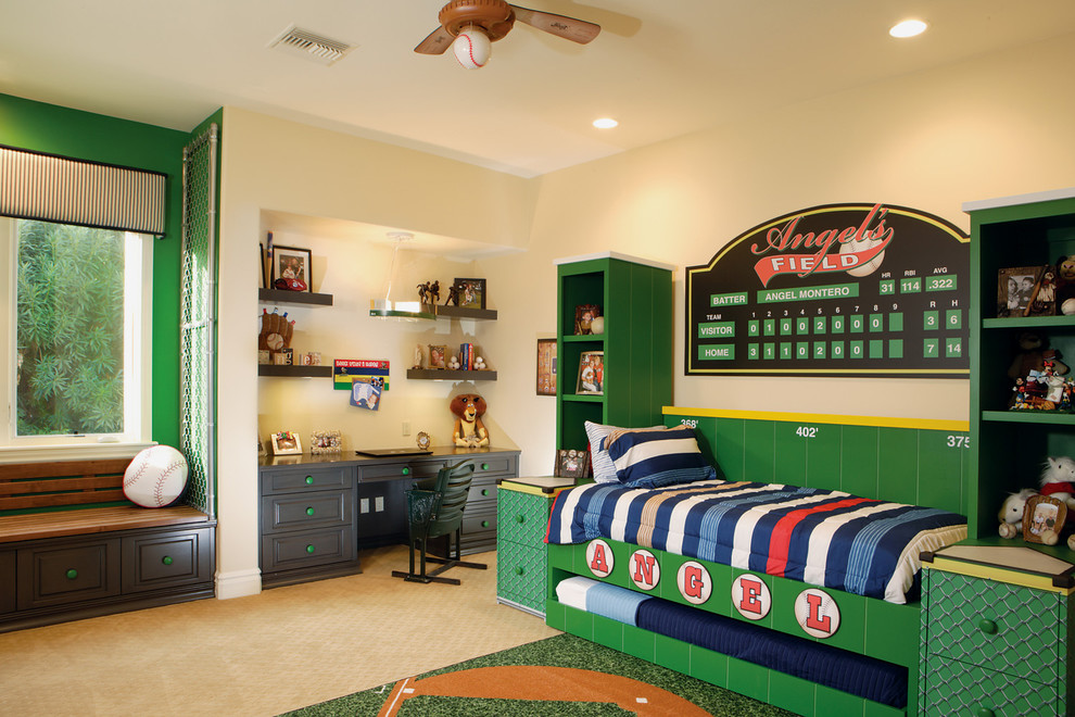 Expansive transitional kids' room in Phoenix with carpet and multi-coloured walls for boys.