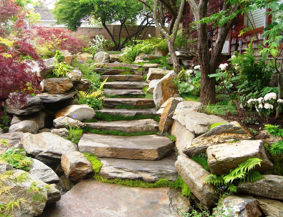 Photo of a small asian backyard garden in San Luis Obispo with a water feature and natural stone pavers.