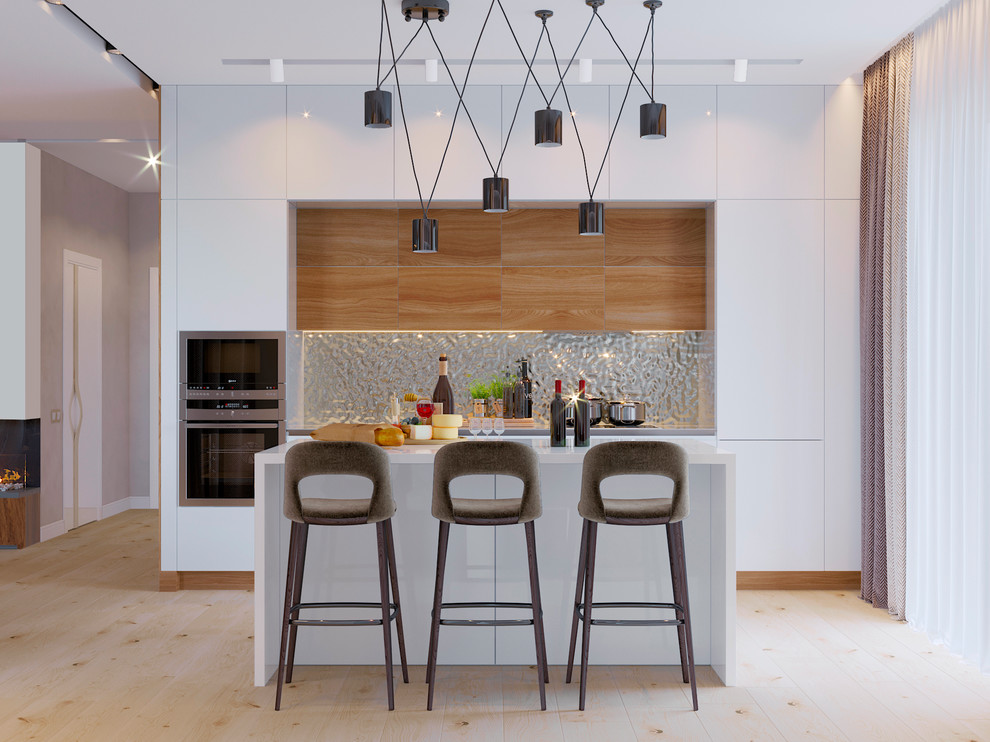 Белая кухня с островом в стиле модернизм