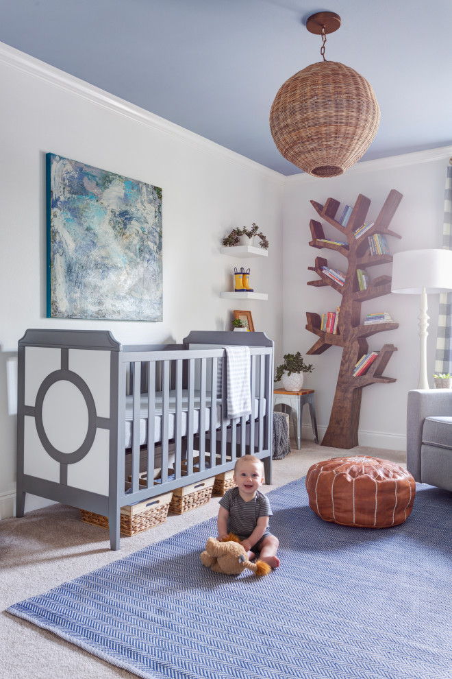 Medium sized classic gender neutral nursery in Little Rock with white walls, carpet and grey floors.