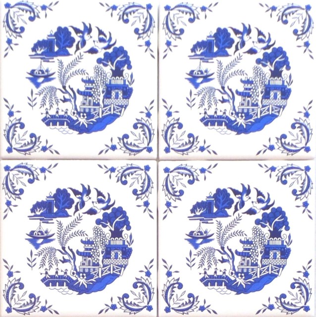 4 Set Blue Willow Ceramic 4 25 Accent Tile Kiln Fired Decor