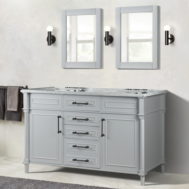 60" Double Vanity, Light Gray With White Carrara Marble Top ...