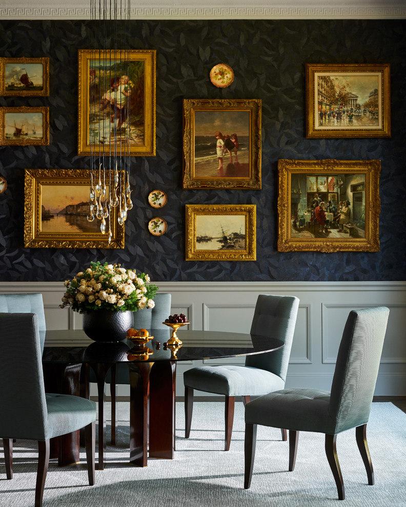 Dining room - transitional dining room idea in Dallas with black walls