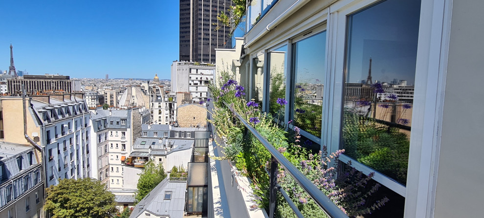 Mittelgroßer, Gefliester Mediterraner Patio mit Kübelpflanzen in Paris