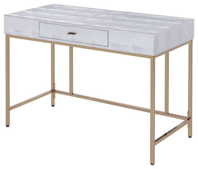ACME Piety Vanity Desk, Silver PU and Champagne Contemporary