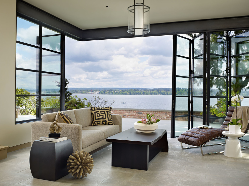 Inspiration for a contemporary formal open concept living room in Seattle with white walls.