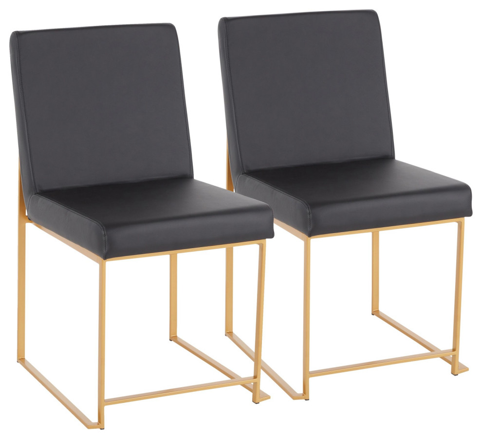 High Back Fuji Dining Chair, Set of 2, Gold Metal, Black PU