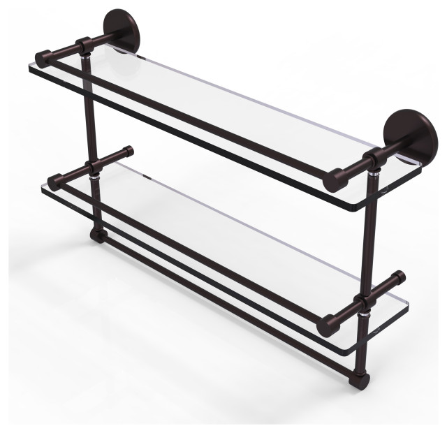 22" Gallery Double Glass Shelf with Towel Bar, Antique Bronze