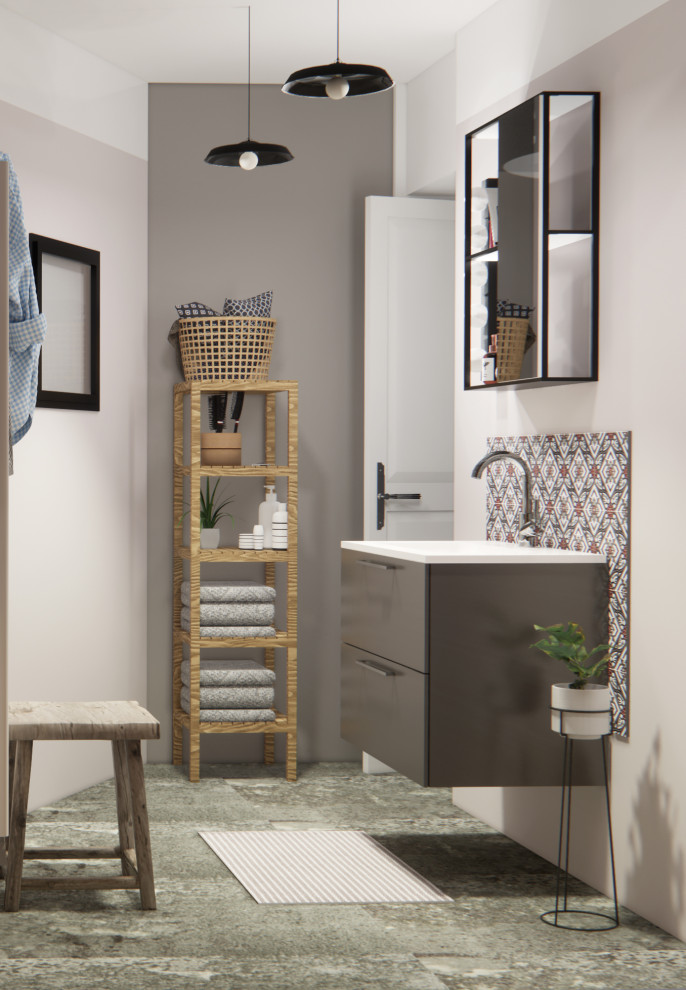 Design ideas for a small industrial master bathroom in Lille with an open shower, gray tile, cement tile, beige walls, vinyl floors, a wall-mount sink, grey floor and a single vanity.