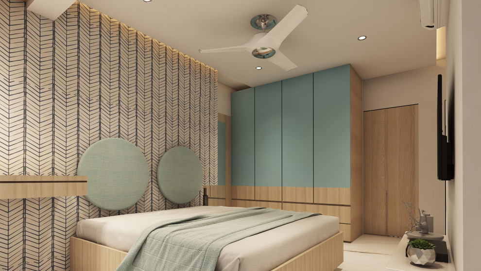 Imagen de dormitorio principal minimalista pequeño con paredes blancas, suelo blanco y papel pintado