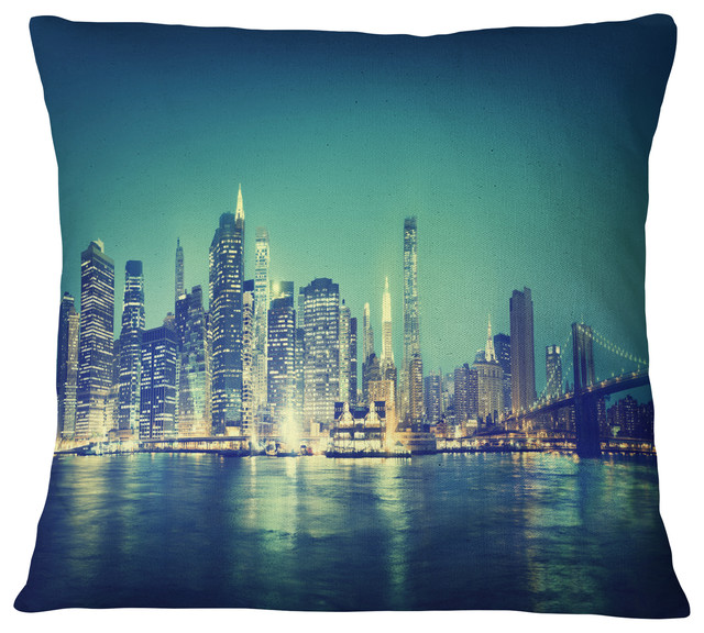 New York City Panorama Night Concept Cityscape Throw Pillow, 16"x16"