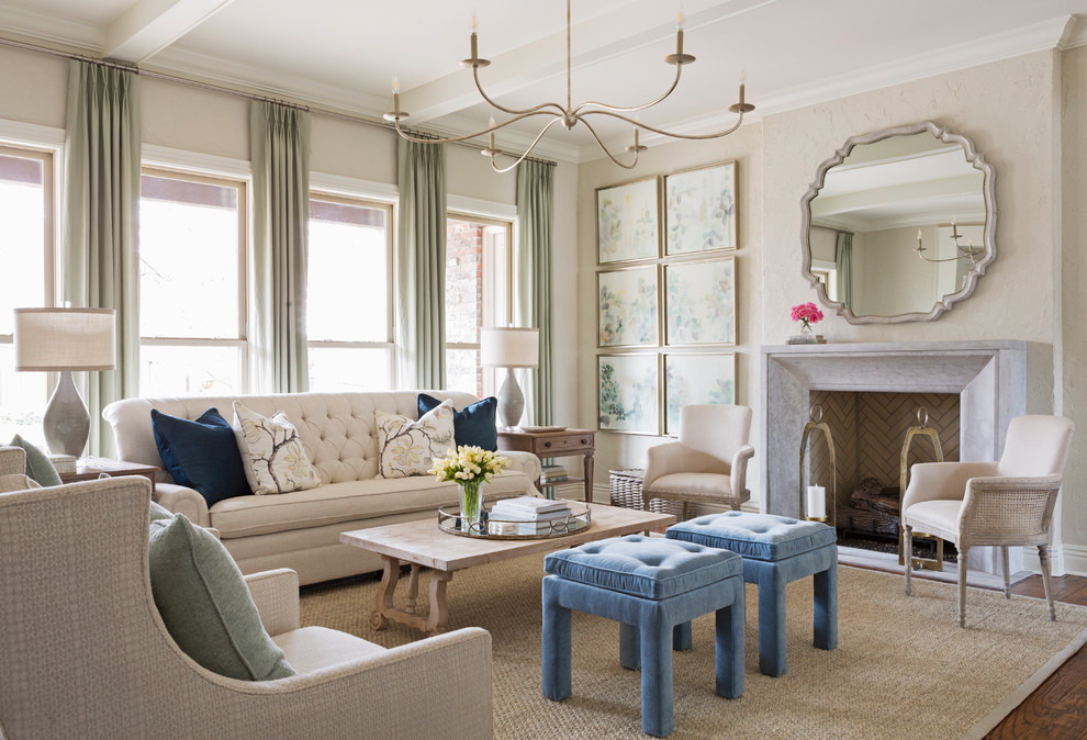 Living room - traditional formal medium tone wood floor living room idea in Little Rock with beige walls, a standard fireplace, a stone fireplace and no tv