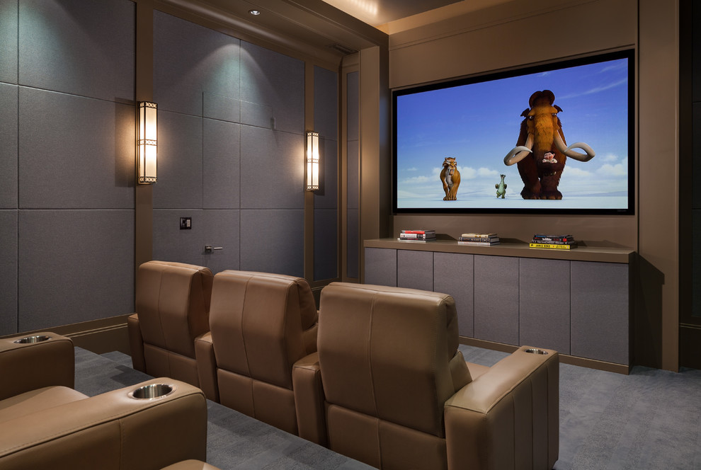 Inspiration for a transitional enclosed home theatre in Miami with brown walls, carpet and grey floor.