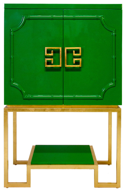 Bombay Hollywood Regency Green Lacquer Gold Bar Cabinet