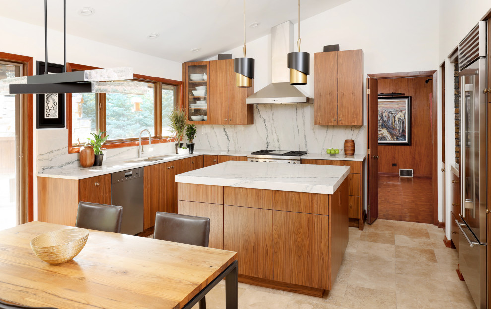 Inspiration for a mid-sized midcentury u-shaped eat-in kitchen in Chicago with an undermount sink, flat-panel cabinets, medium wood cabinets, quartzite benchtops, white splashback, stone slab splashback, stainless steel appliances, travertine floors, with island, beige floor, white benchtop and vaulted.
