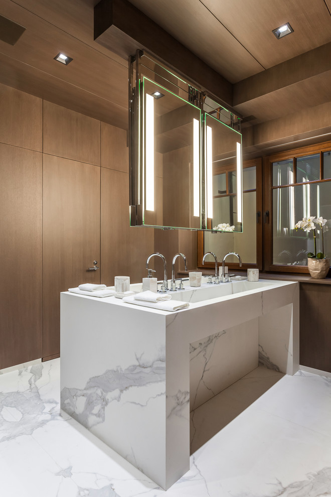 Design ideas for a large contemporary master bathroom in Miami with open cabinets, dark wood cabinets, beige tile, white walls and marble floors.