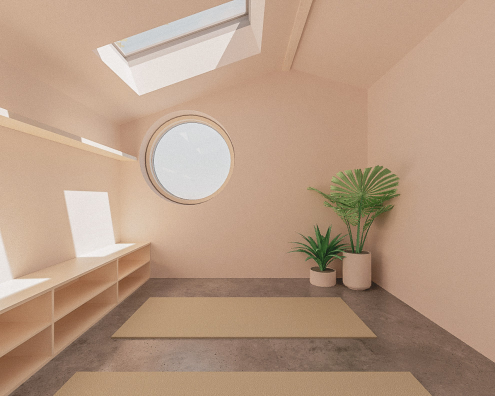 Foto di un piccolo studio yoga nordico con pareti rosa, pavimento in cemento, pavimento grigio e soffitto a volta