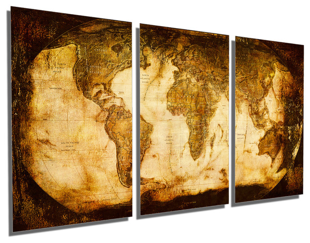 Triptych Wall Art rustic world map metal print wall art 3 panel split, triptych wall Triptych Wall Art rustic world map metal print wall art 3 panel split, triptych wall