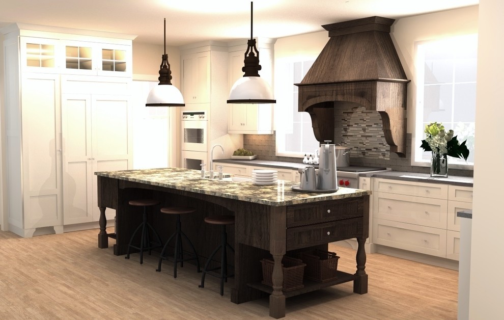 Inspiration for a large transitional u-shaped medium tone wood floor eat-in kitchen remodel with a farmhouse sink, shaker cabinets, white cabinets, granite countertops, beige backsplash, paneled appliances and an island