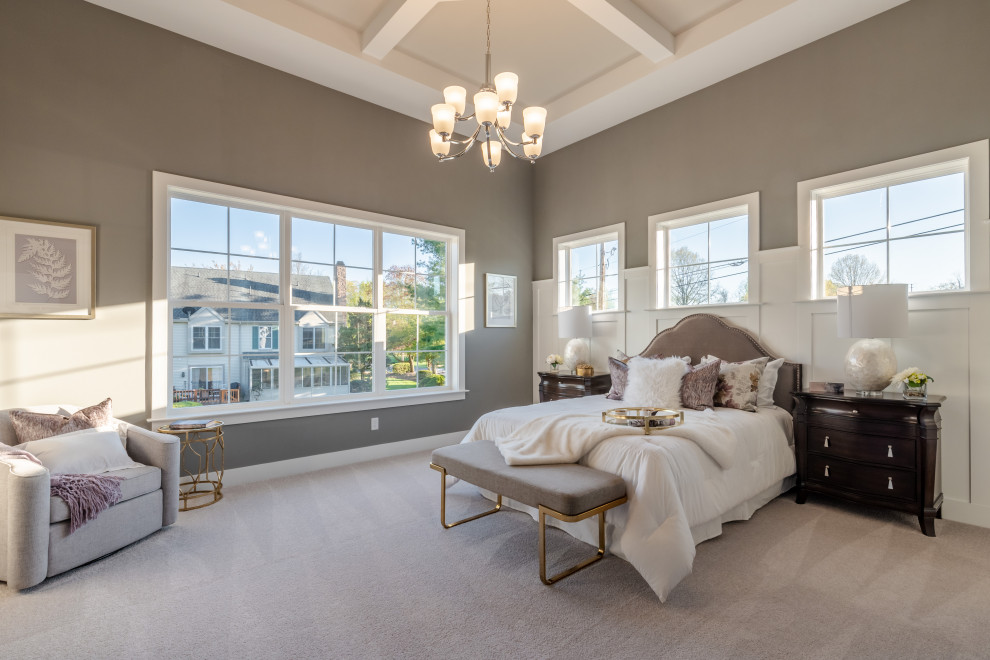 Bedroom - huge craftsman master carpeted, gray floor, coffered ceiling and wainscoting bedroom idea in Other with gray walls