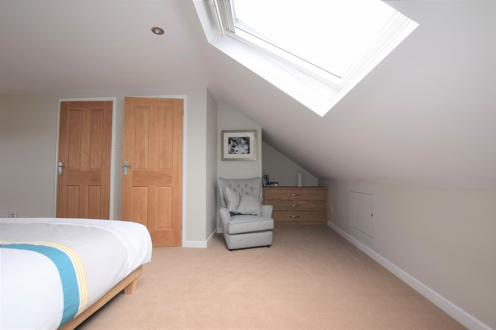 Photo of a large modern master bedroom in Other with beige walls, carpet and beige floor.