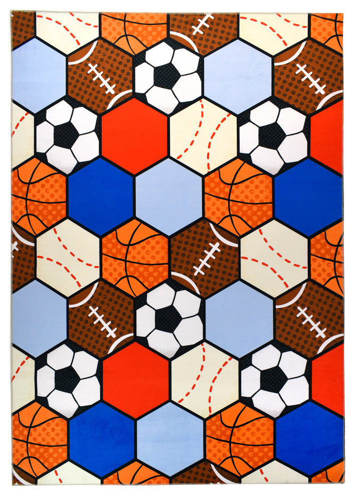 Sports Themed Colorful Area Kid's Rug, 5'x7' Contemporary Kids Rugs
