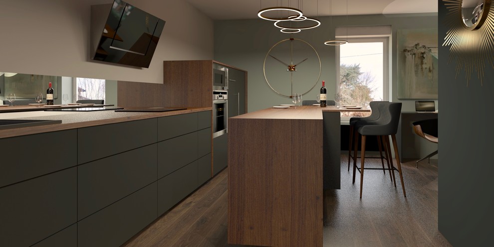 Design ideas for a small midcentury single-wall eat-in kitchen in Nantes with a drop-in sink, beaded inset cabinets, black cabinets, wood benchtops, mirror splashback, stainless steel appliances, dark hardwood floors and with island.