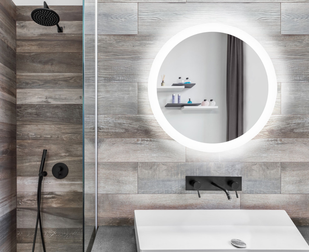 This is an example of a mid-sized contemporary master bathroom in Other with multi-coloured tile, wood-look tile, multi-coloured walls, a vessel sink, a single vanity, a corner shower, concrete benchtops, a hinged shower door, grey benchtops, a built-in vanity and wood walls.