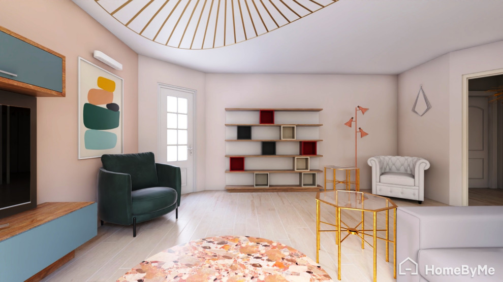 Cette photo montre une salle de séjour tendance ouverte avec un mur rose, un sol en carrelage de céramique et un sol beige.